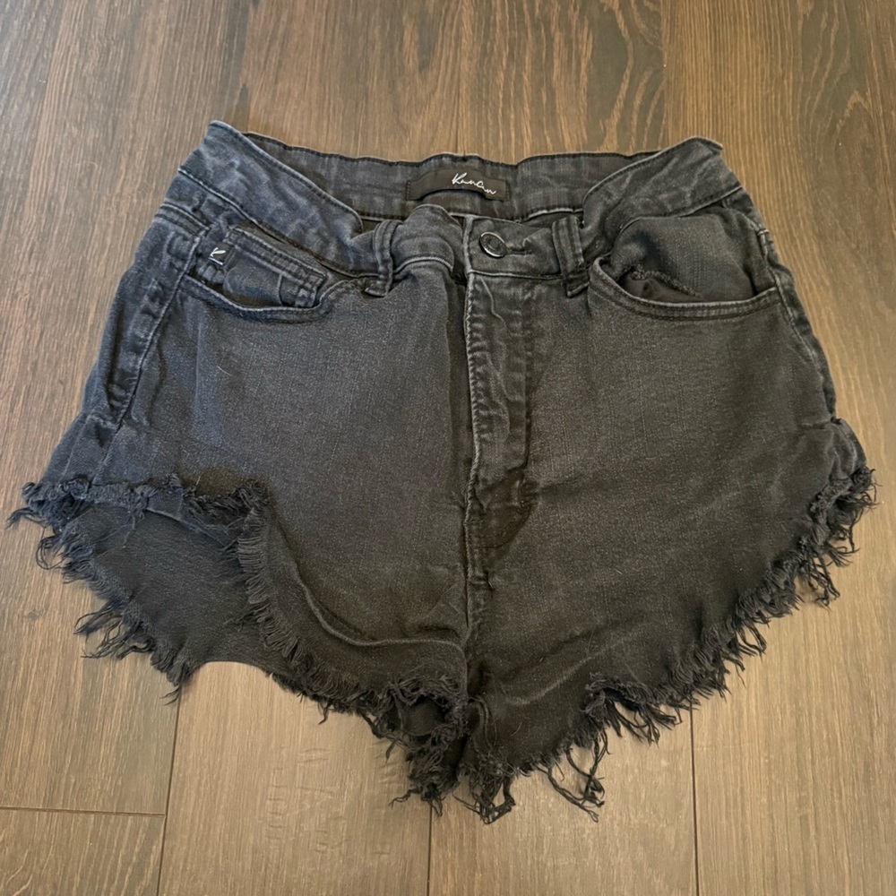 KanCan Black Cutoff Fringe Raw Hem Booty Denim Jean Shorts Size W9 / 28